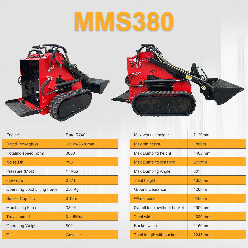 22HP Mini Skid Steer Loader EPA GAS Engine, Dual-cylinder, MMS Multi-functional Stand-On Mini Skid Steer Parallel Track Loader with Bucket