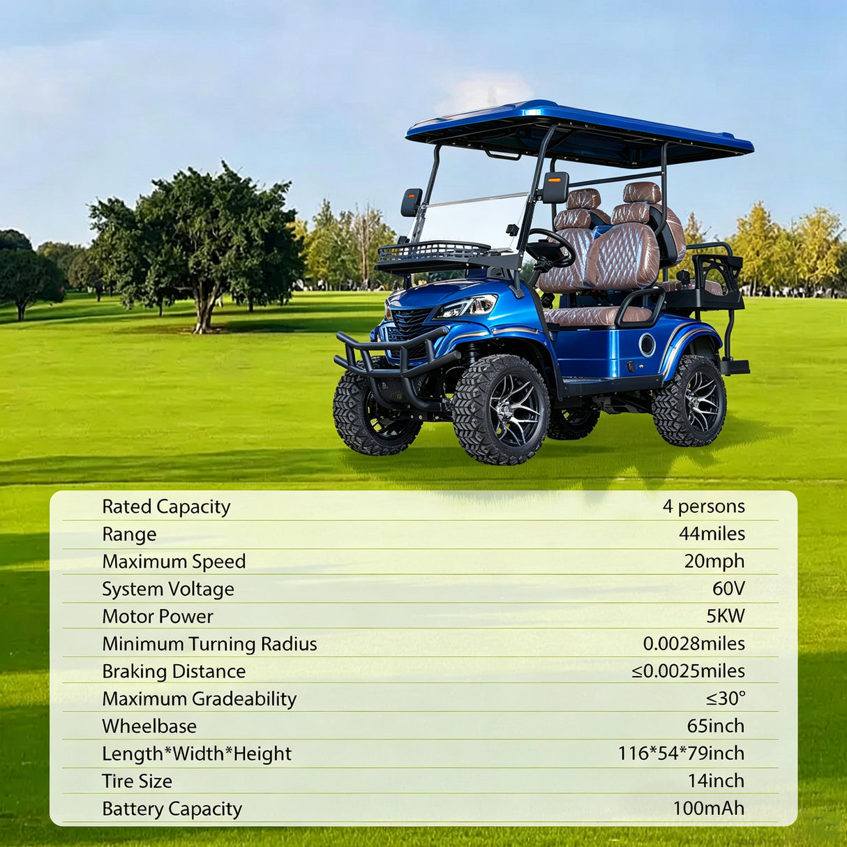 MMS 4P 60V Electric Golf Cart with 5KW Motor, 20 MPH Top Speed, 44 Miles Range, Ages 16 and Up, Reversing Radar, Advanced Suspension, Rear &Front Storage, LCD Display-Blue