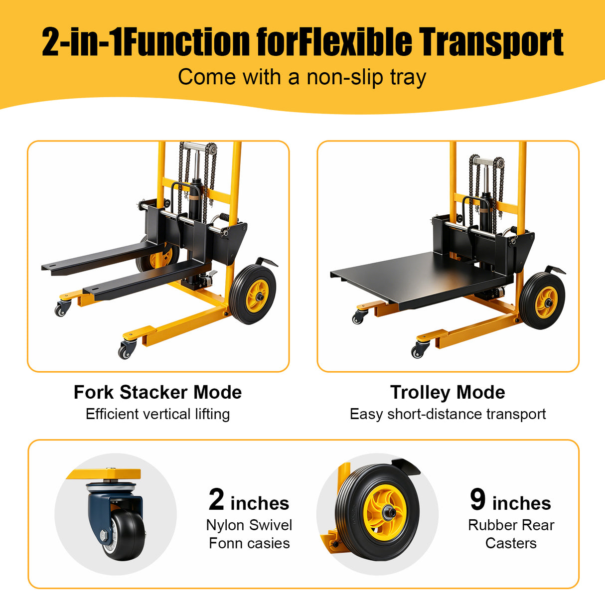 MMS 450 lbs Foldable Hydraulic Material Lift Winch Stacker Forks, Dual-Side Foot-Powered Assist, 35.8" Max Lift Height, Removable Platform, Pallet Truck Dolly, 360° Swivel Caste
