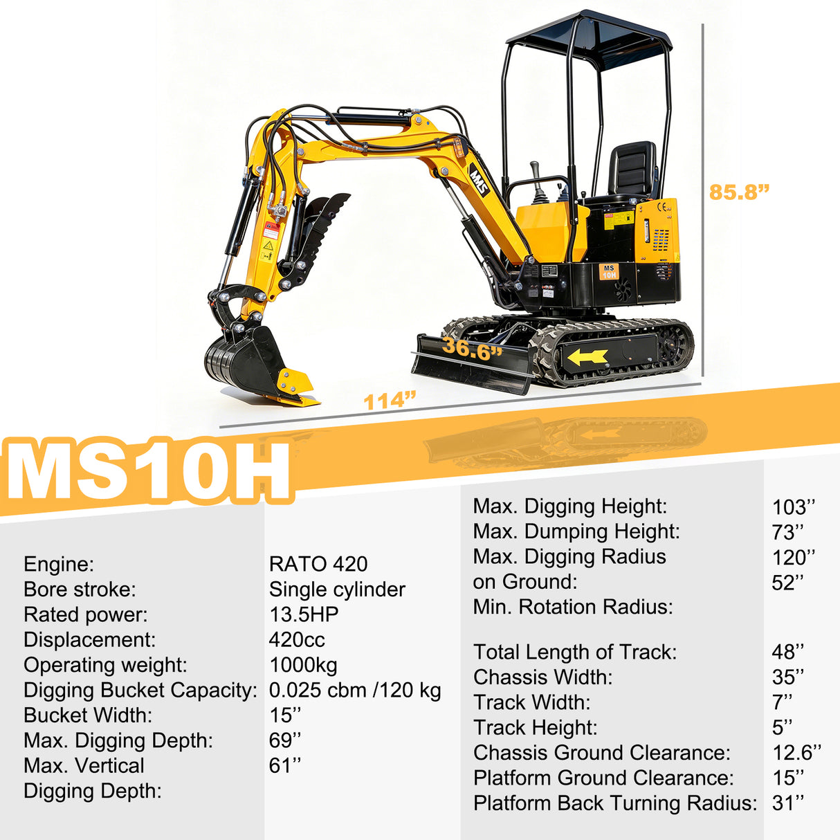 MMS 1 Ton Mini Excavator 13.5HP 420CC EPA GAS Engine, Hydraulic Thumb, Mini Trencher Digger Machine MS10H