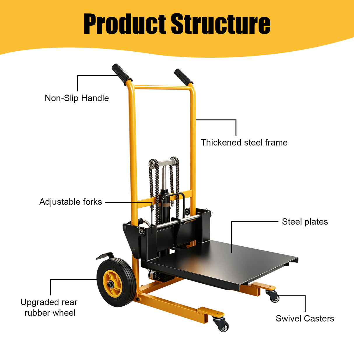 MMS 450 lbs Foldable Hydraulic Material Lift Winch Stacker Forks, Dual-Side Foot-Powered Assist, 35.8" Max Lift Height, Removable Platform, Pallet Truck Dolly, 360° Swivel Caste