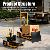 MMS 450 lbs Foldable Hydraulic Material Lift Winch Stacker Forks, Dual-Side Foot-Powered Assist, 35.8" Max Lift Height, Removable Platform, Pallet Truck Dolly, 360° Swivel Caste