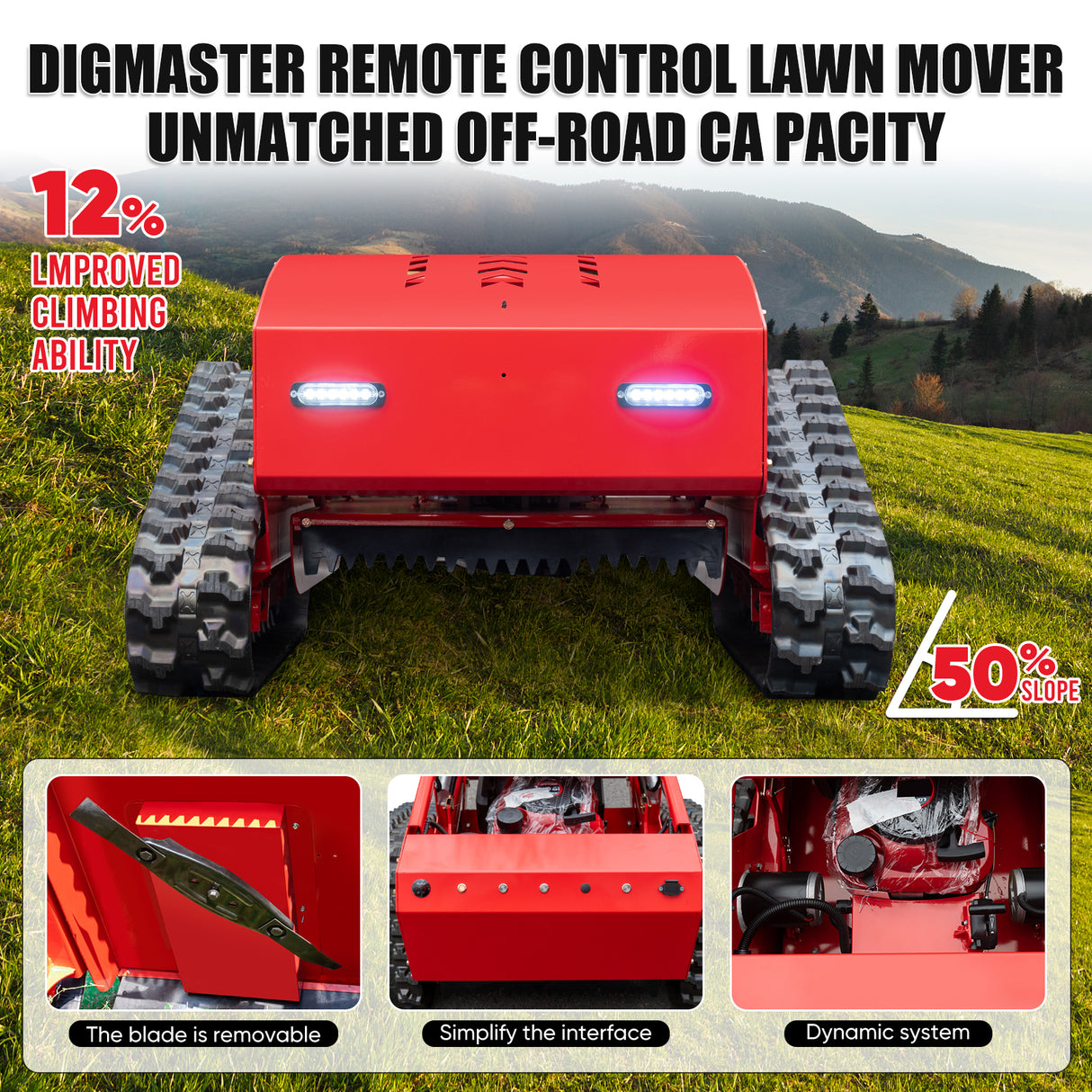 MMS Remote Control Track 21.65" Lawn Mower With 9HP 224cc Gas Engine, One-Hand Control Remote， Adjustable Cutting Height Robotic Lawn Mower for Slopes, Orchards & Commercial Landscaping