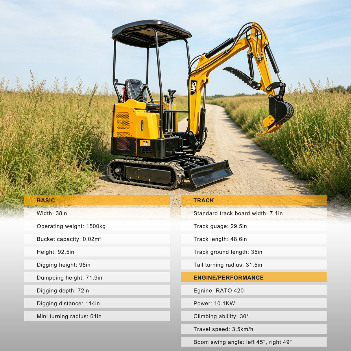 MMS 1.5 Ton Mini Excavator, Pilot Control, Swing Boom, 13.5HP 420cc EPA GAS Engine Crawler Small Digger Machine MS15