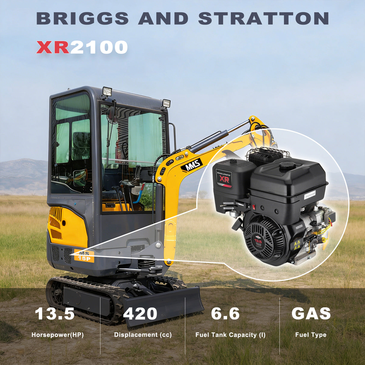 MMS 1.5 Ton Mini Excavator 13.5HP B&S EPA Gas Engine, Swing Boom, Hydraulic Pilot Control, Enclosed Cab, Adjustable Seat, Safety Light