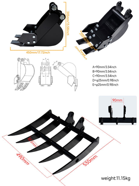 8pcs Mini Excavator Attachments Narrow Bucket, Ripper, Rake Auger, Grapple, Quick Hitch, Screening Bucket Excavator Accessories Kit