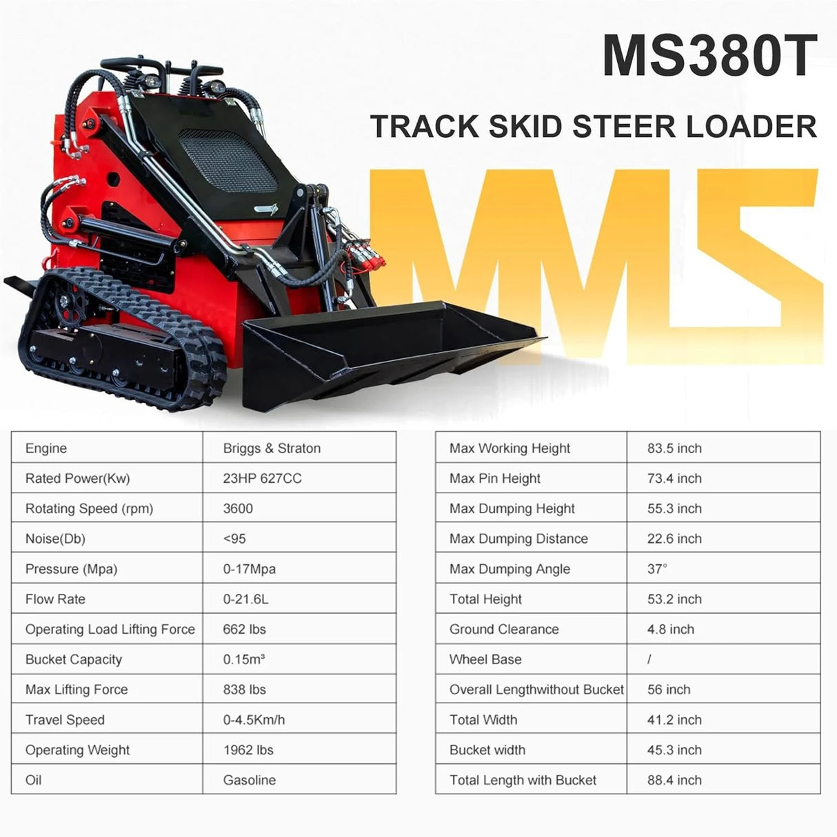 MMS 23HP Mini Skid Steer Loader with Bucket Dual Cylinder 627cc B&S Engine Stand-On Track Loader