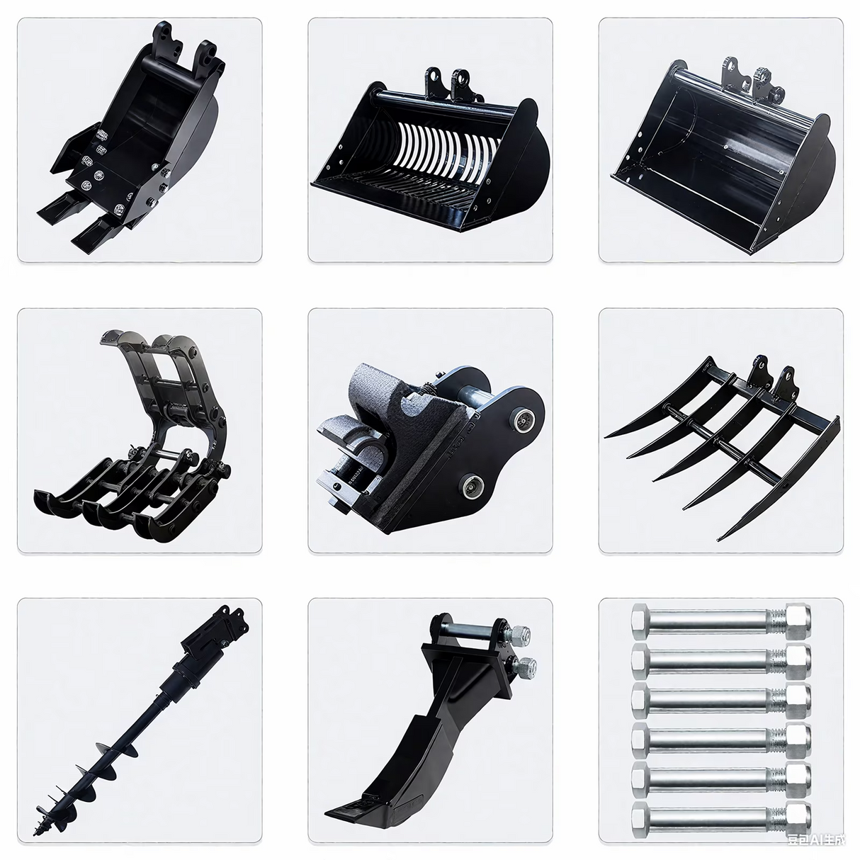 8pcs Mini Excavator Attachments Narrow Bucket, Ripper, Rake Auger, Grapple, Quick Hitch, Screening Bucket Excavator Accessories Kit