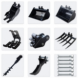 8pcs Mini Excavator Attachments Narrow Bucket, Ripper, Rake Auger, Grapple, Quick Hitch, Screening Bucket Excavator Accessories Kit