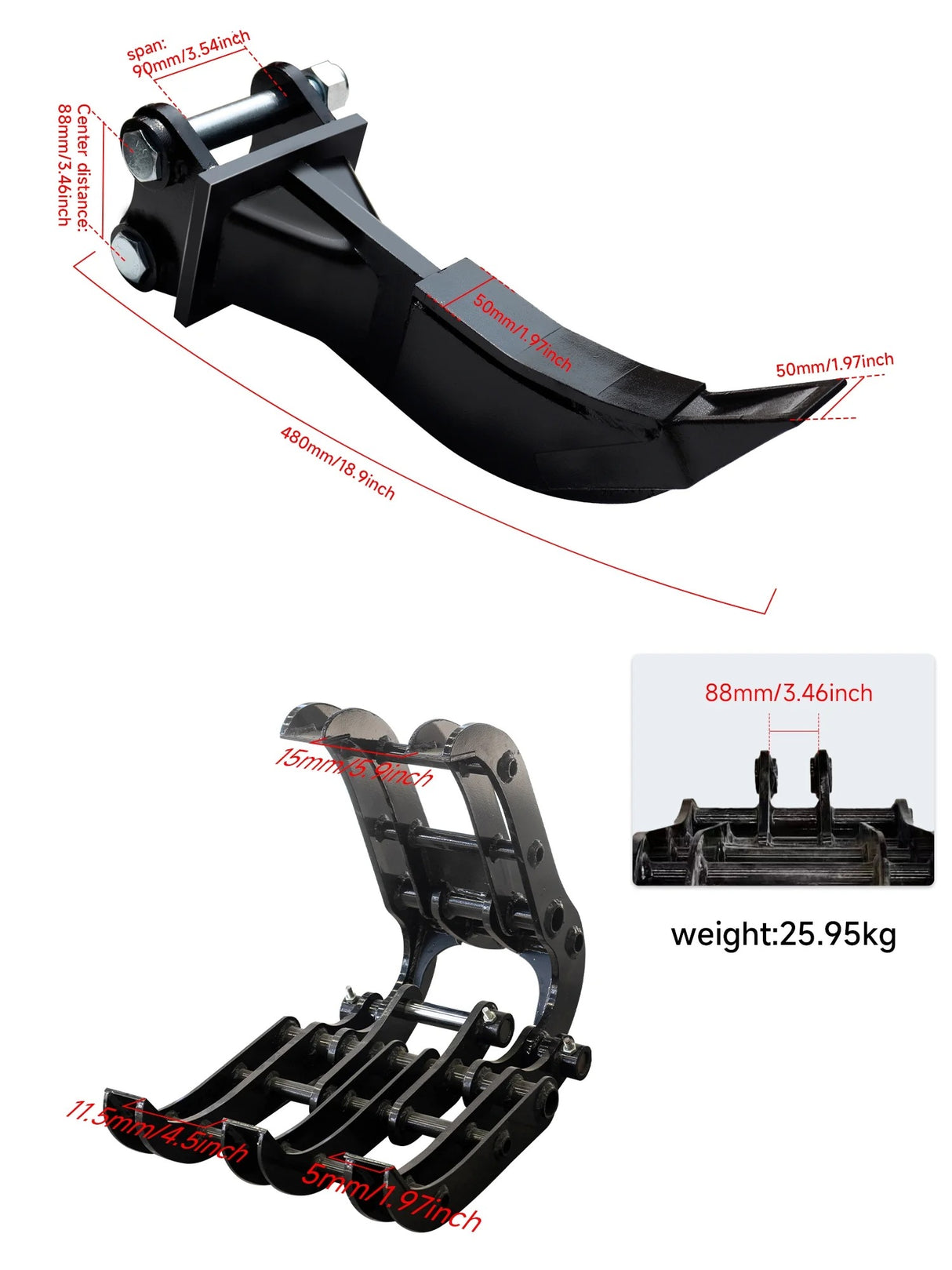 8pcs Mini Excavator Attachments Narrow Bucket, Ripper, Rake Auger, Grapple, Quick Hitch, Screening Bucket Excavator Accessories Kit